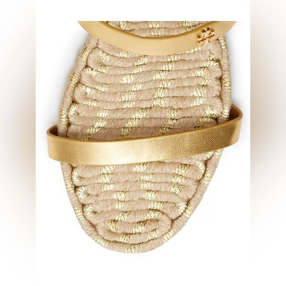 Tory Burch Women's Two-Band Flat Metallic Goat Madras Espadrille‎ Slide Gold 9